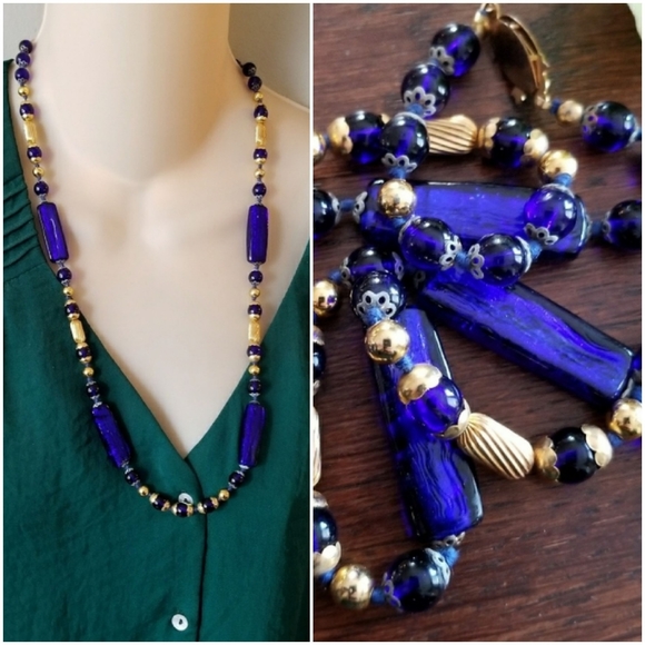 Vintage Jewelry - Relisted- cobalt blue glass bead necklace Czech gold